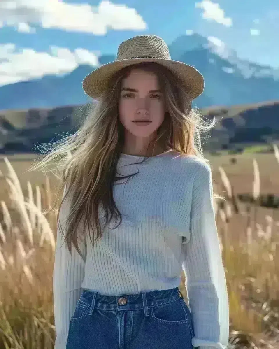 Chic woman in blue denim skirt, front center, Waikato, New Zealand backdrop. Late Winter  season.