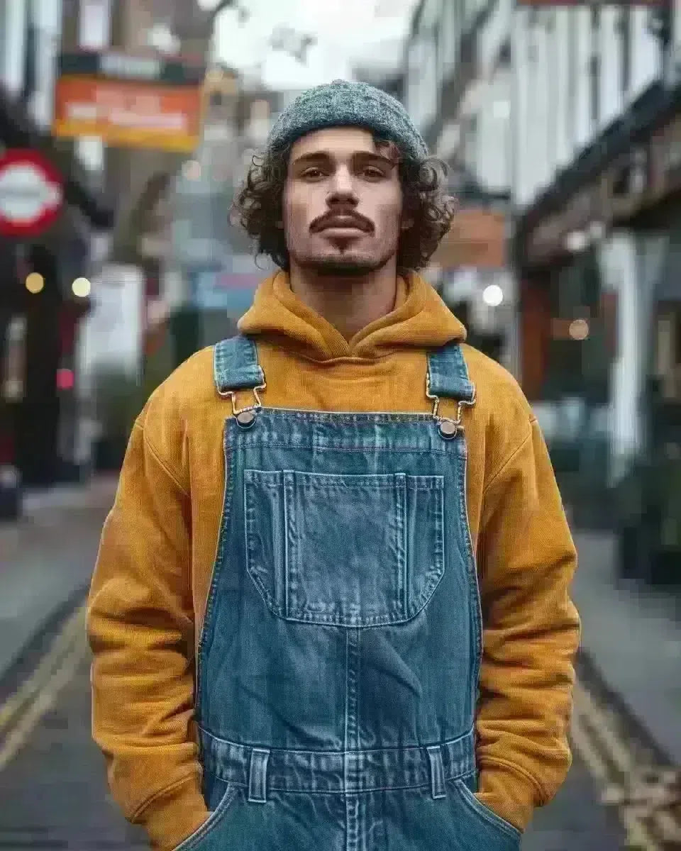 London male in long sleeve denim overalls, urban South East street background. Late Winter  season.