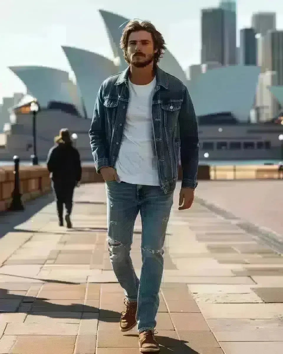 Diverse male model in casual jeans near Sydney Opera House. Late Winter  season.