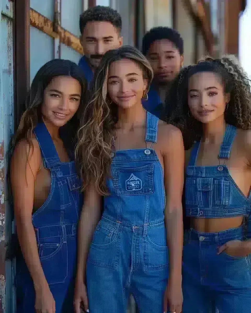 Ethnically diverse models in denim jumpsuits, outdoor urban USA backdrop. Spring season.