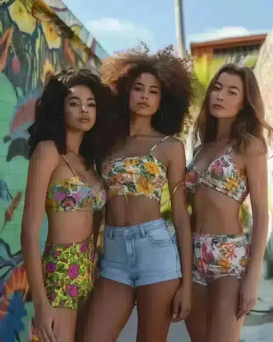 Diverse women in high-waisted jean shorts, outdoor ethnic setting, showcasing fit. Spring season.
