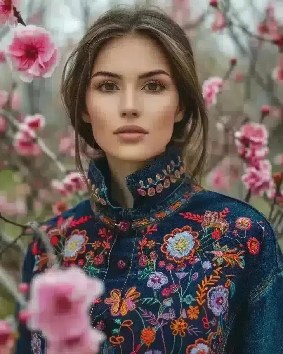 Woman in embroidered denim jacket, traditional folk motifs, outdoor ethnic background. Spring season.