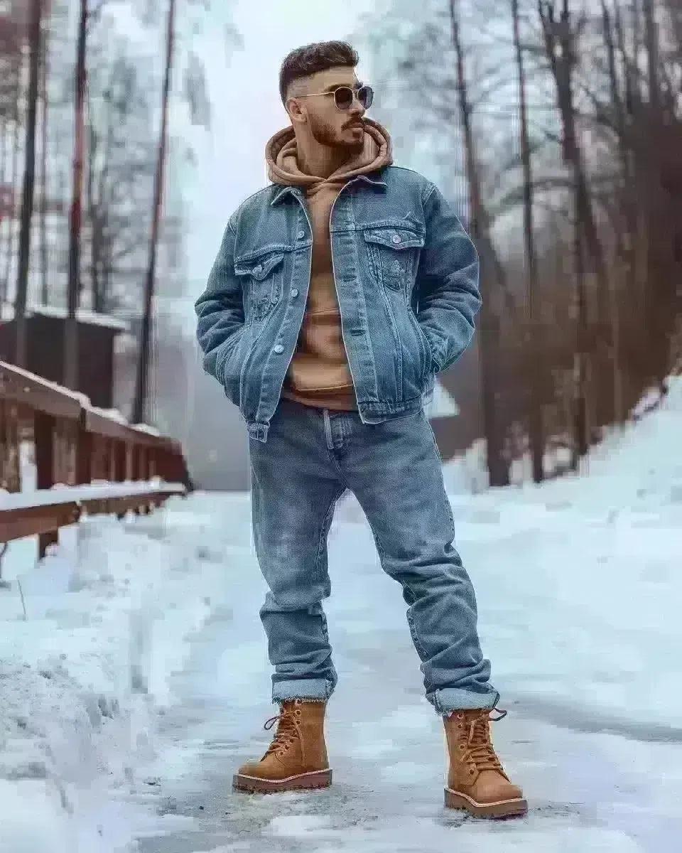 Mixed-race man in indigo denim jumpsuit and tan boots outdoors. Winter  season.