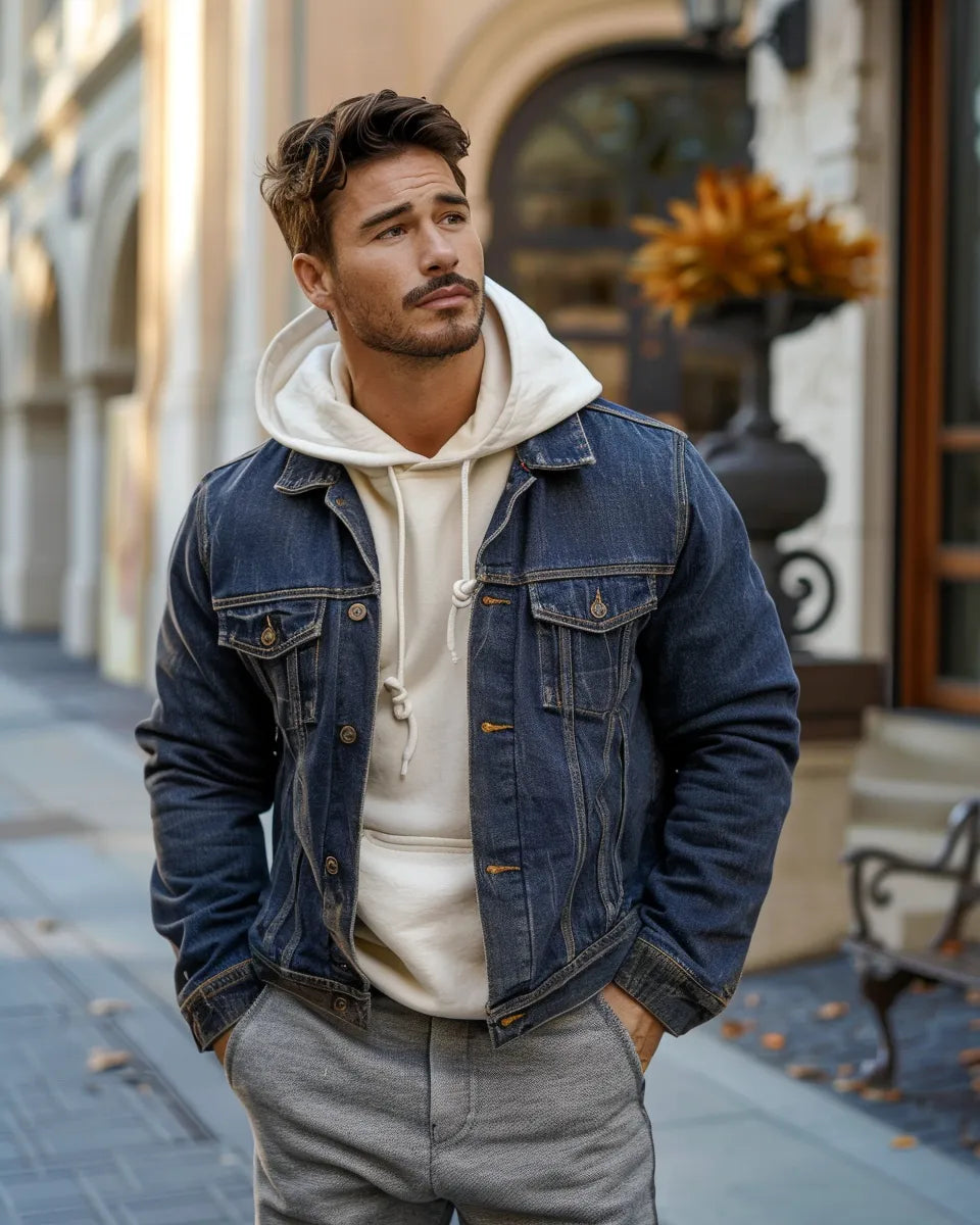 Stylish man in a bomber denim jacket, grey tailored trousers, cream hoodie, blending casual and refined elements. Autumn season. White male. Balboa Park, San Diego, CA background.