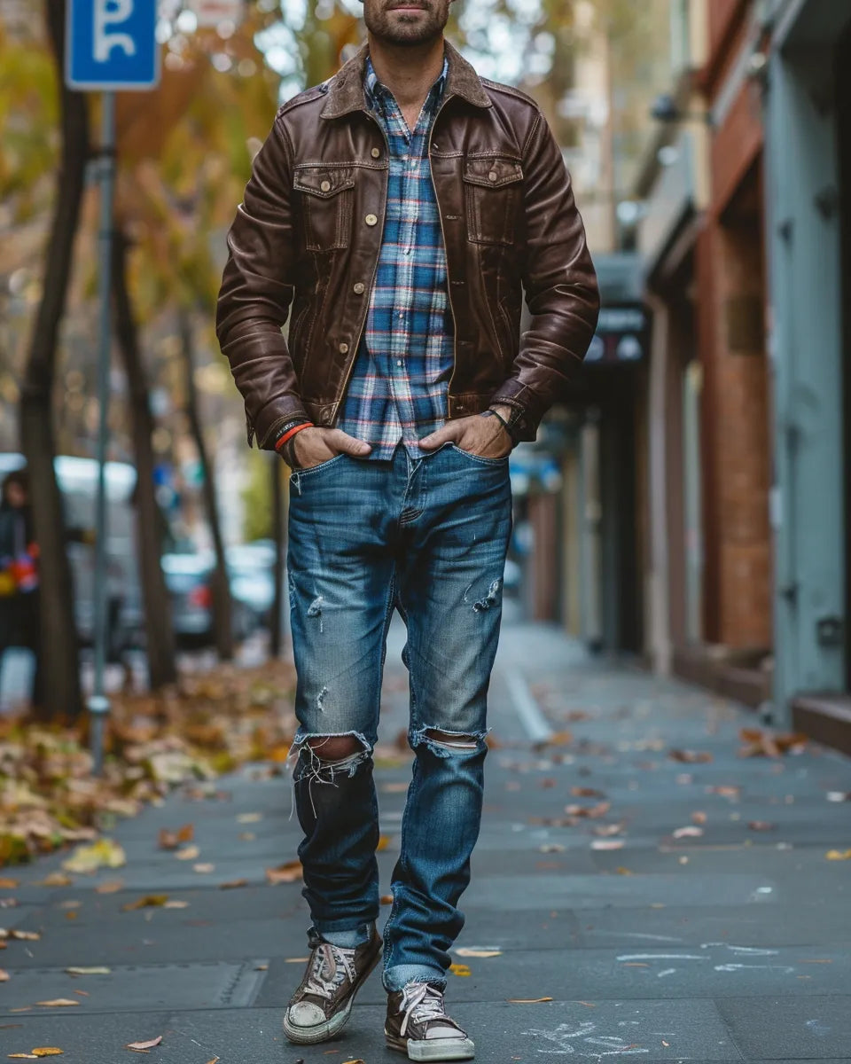 Men's blue ripped jeans, frayed and torn, paired with a worn leather jacket, plaid shirt, and dirty sneakers. Autumn season. French male. Adelaide Central Market, Adelaide, Australia background.