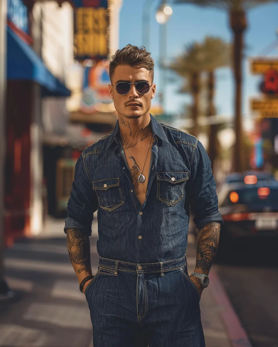 Men's denim jumpsuit with tailored fit, cinched waist, and slim sides. Showcasing comfort, style, and refined detailing. Summer season. Australian male. Las Vegas Strip, Las Vegas, NV city background.