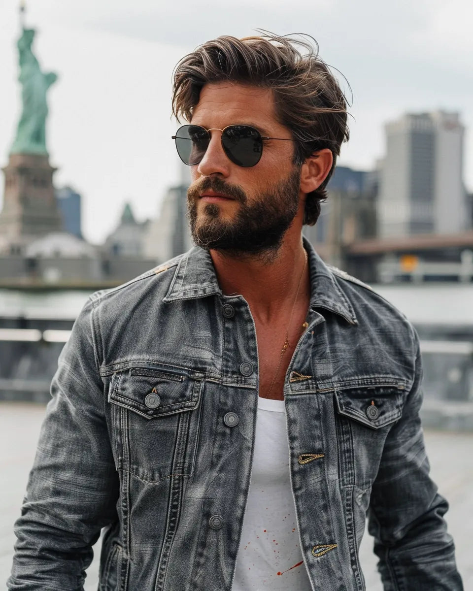Capture a men's grey jean jacket with subtle distressing and detailed stitching, exuding timeless appeal and vintage charm. Summer season. English male. Statue of Liberty, New York City, NY city background.