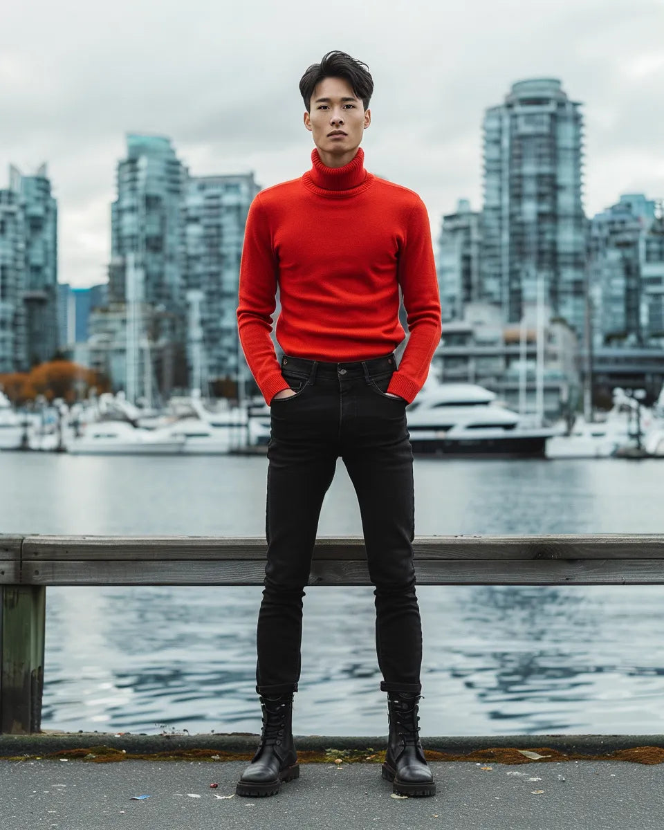 A striking image of men's high-waisted jeans, snug fit, waist-cinching, paired with a vibrant red turtleneck and black boots. Summer season. Chinese male. Stanley Park, Vancouver, British Columbia city background.