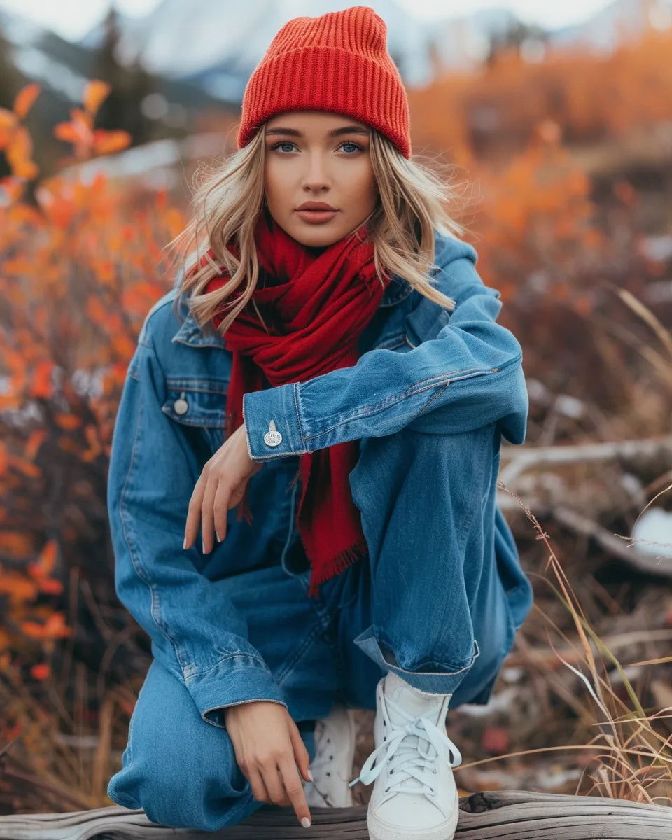 Stylish woman in a perfectly-fitted denim jumpsuit, vibrant red silk scarf, elegant white sneakers, rich blue fabric. Autumn season. White female. Iditarod Trail Sled Dog Race, Anchorage to Nome, AK background.