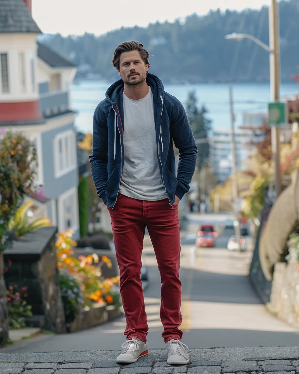 Men's red jeans in various fits against an urban backdrop. Slim fit with white shirt, relaxed fit with navy hoodie. Summer season. White male. The Butchart Gardens, Victoria, British Columbia city background.