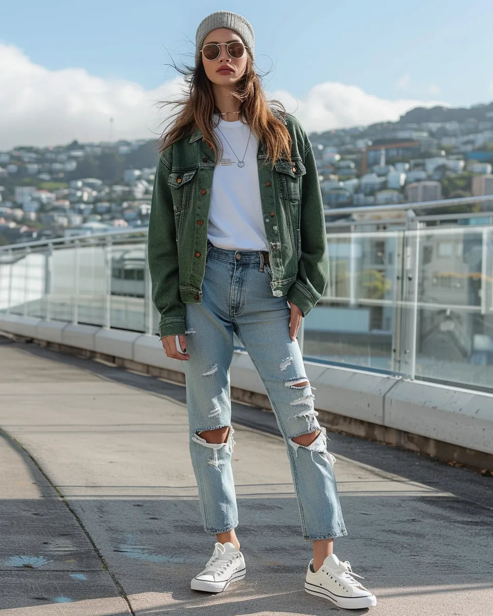 Stylish urban scene: woman in green denim jacket, white tee, distressed jeans, white sneakers, gray beanie, brown aviators. Summer season. Australian female. Te Papa Tongarewa (Museum of New Zealand), Wellington city background.