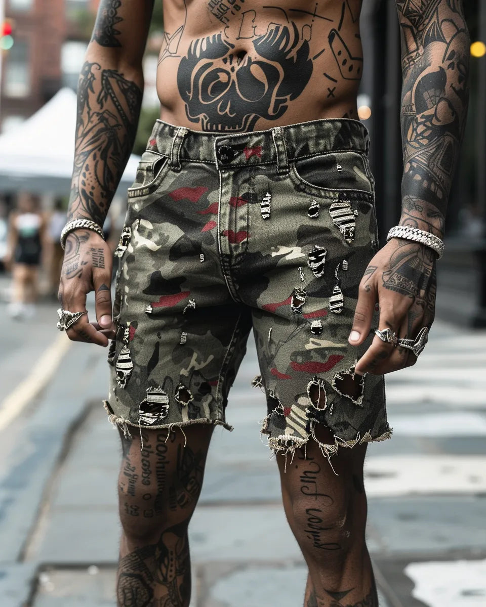 Showcase men's ripped jean shorts with various washes, skull prints, color blocks, embroidery, and raw hems in diverse fits. Summer season. English male. The Breakers, Newport, RI city background.