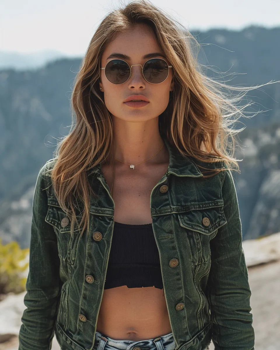 Women's green denim jackets, chic modern styling, sleek tailoring, eco-friendly materials, white sneakers, navy-blue blouse backdrop. Summer season. European female. Sequoia and Kings Canyon National Parks, Sierra Nevada, CA city background.
