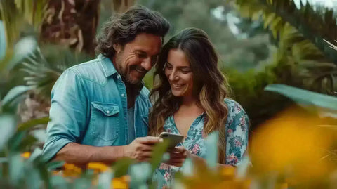 Hispanic man and woman in denim with flower motifs, by Alberta lake, choosing denim on phone.