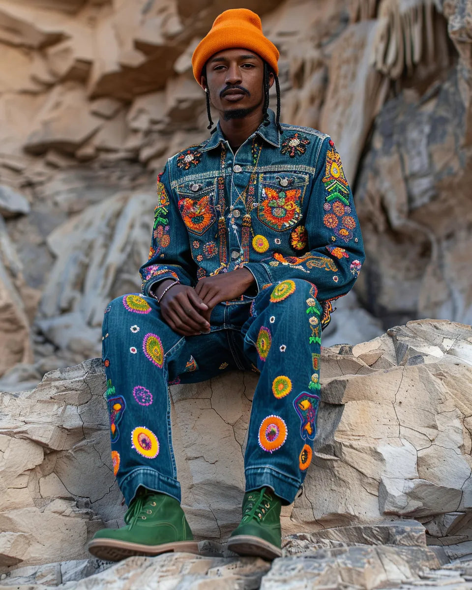 Men's denim jumpsuit, rugged and stylish, with intricate patches, vibrant embroidery; paired with green boots and an orange beanie. Summer season. African American male. Carlsbad Caverns National Park, Carlsbad, NM city background.