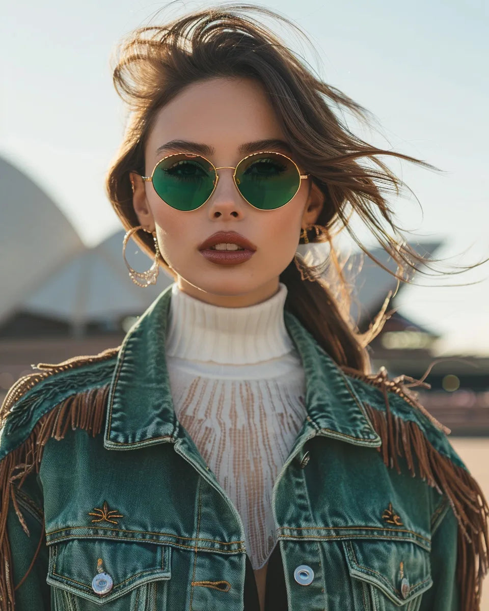 Stylish woman in a green denim jacket with fringe and designs, paired with black jeans and a white turtleneck. Autumn season. English female. Sydney Opera House, Sydney background.