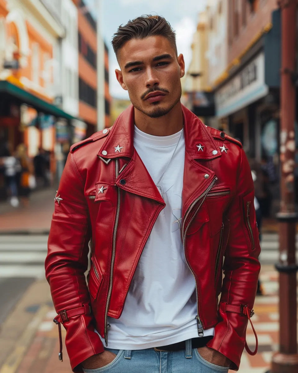 Man in light-wash high-waisted jeans with star patterns, bold red leather jacket, white t-shirt, trendy look. Summer season. Australian male. Adelaide Central Market, Adelaide, Australia city background.