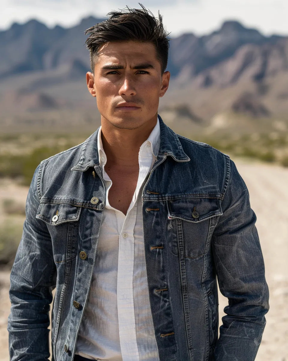 Confident man in a faded grey jean jacket, white shirt, and navy trousers; timeless, effortlessly cool. Summer season. Latino male. Big Bend National Park, Southwest Texas, TX city background.