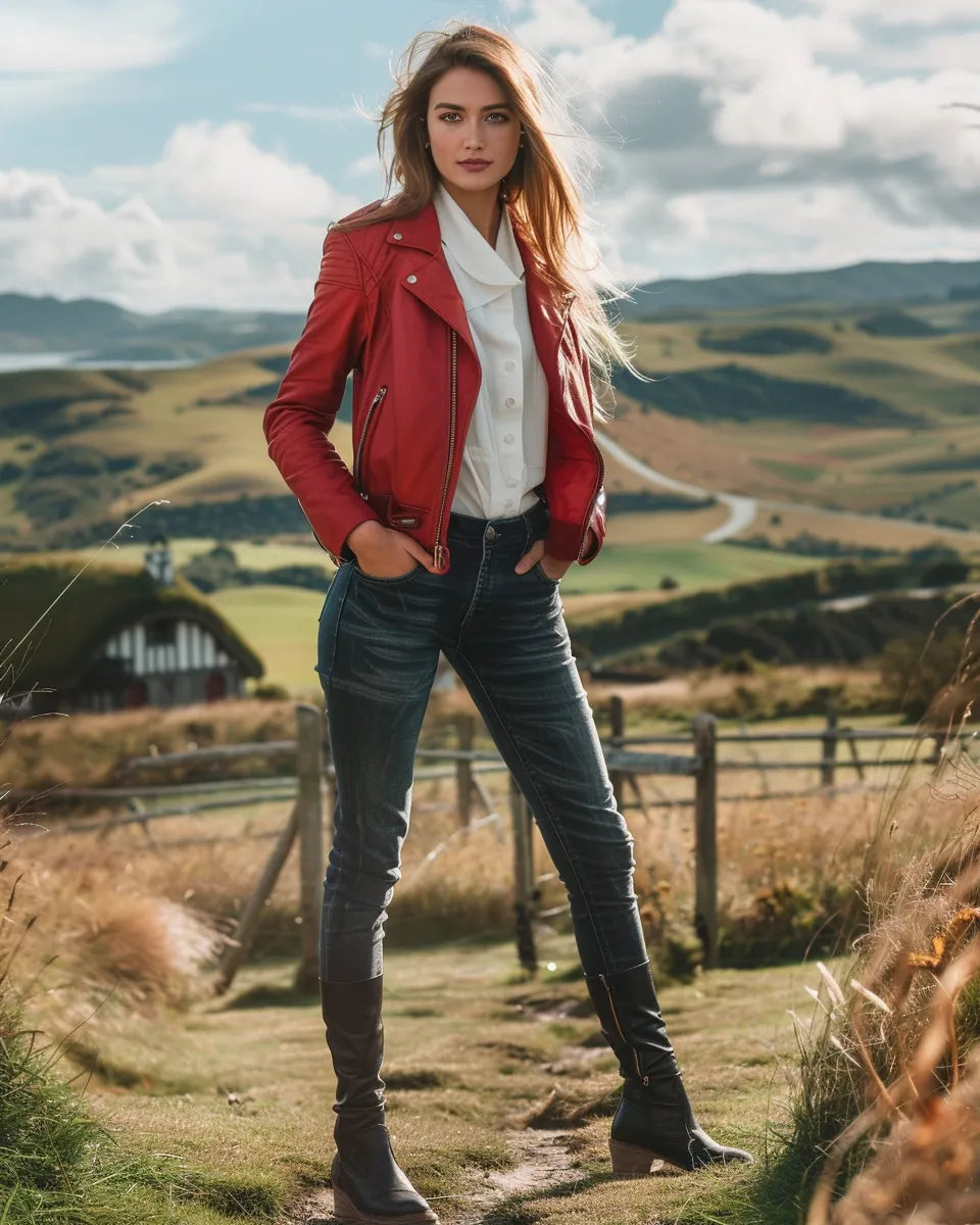 Showcase women's biker jeans with detailed stitching, paired with a red leather jacket, white blouse, and black ankle boots. Autumn season. White female. Hobbiton Movie Set, Matamata background.