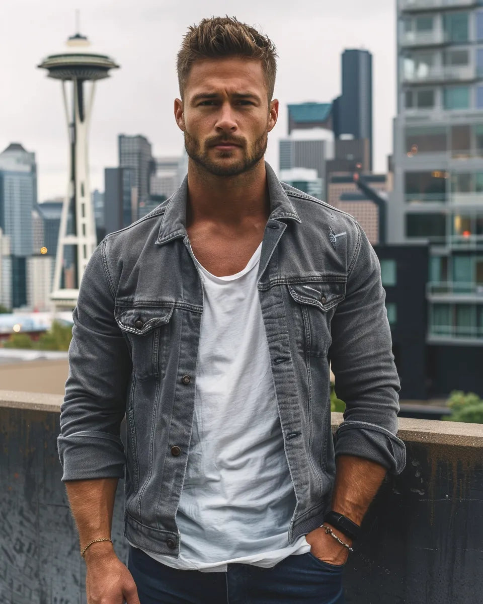 Picture a confident man in a men's grey jean jacket paired with a white t-shirt and navy blue chinos. Summer season. French male. Space Needle, Seattle, WA city background.