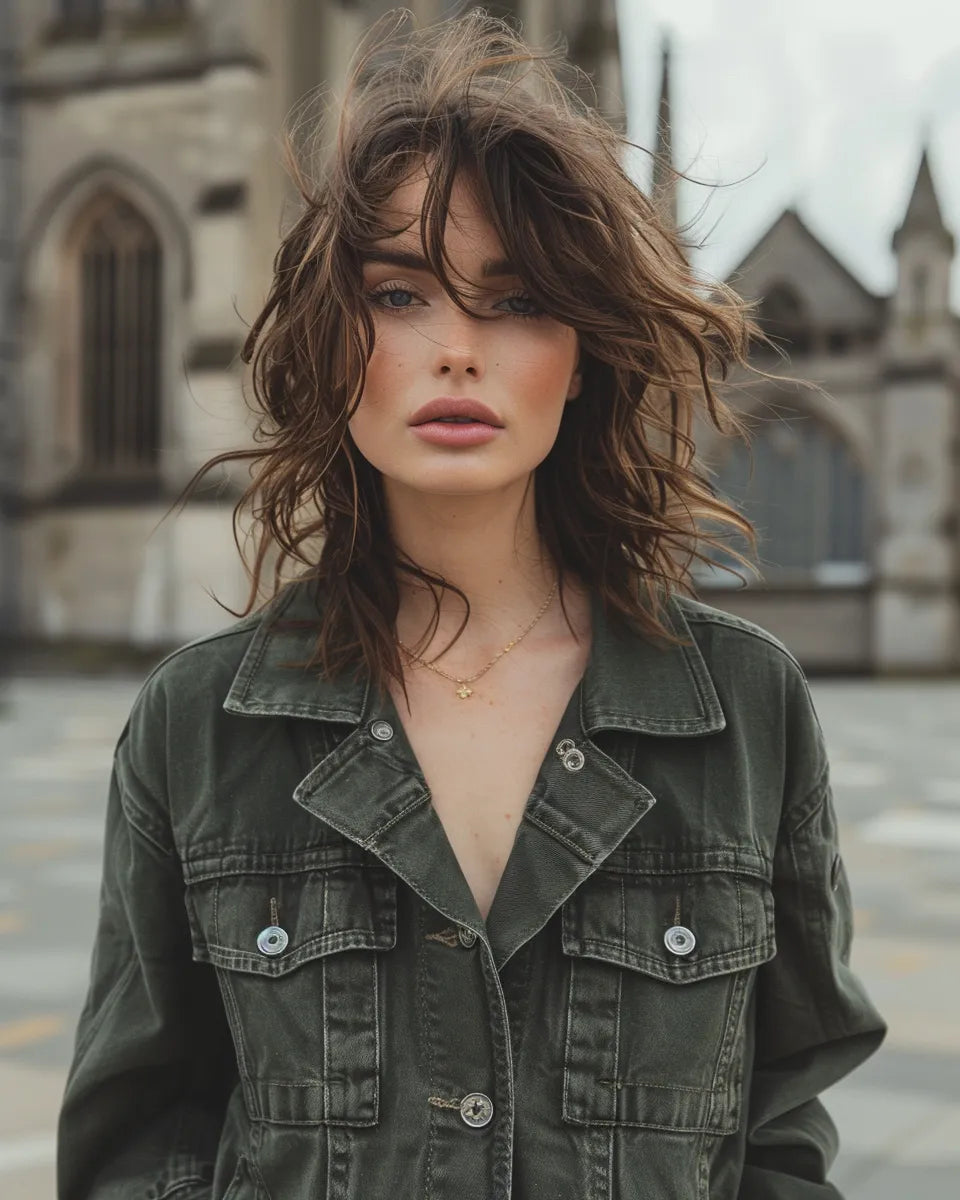 Woman in a green denim jacket with distressed details and silver buttons, against a neutral backdrop. Autumn season. White female. Liverpool Cathedral, Liverpool background.