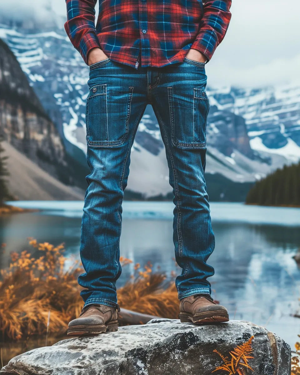 Men’s casual jeans in classic blue, black, white, and navy with whiskered, patched, worn-out, and stonewashed designs. Autumn season. Australian male. Banff National Park, Banff, Alberta background.