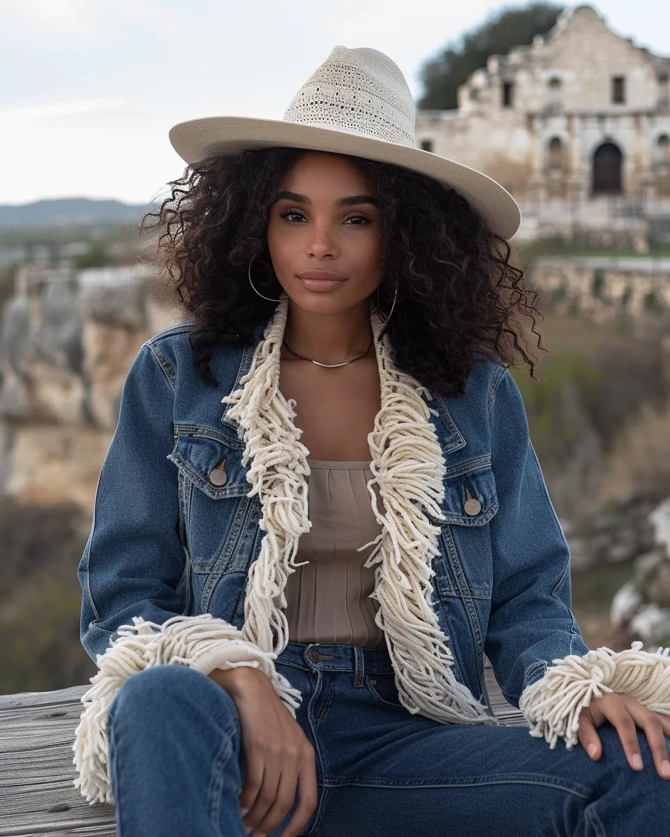 Autumn 2024: Vibrant fringe denim jackets for women in blue, dusty pink, warm beige, and deep olive. Autumn season. French female. The Alamo, San Antonio, TX background.