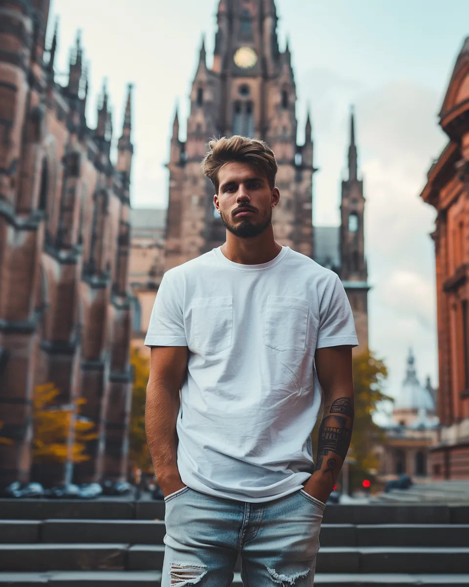 Prompt: Confident man in modern trendy casual jeans, slightly distressed, paired with white t-shirt and black sneakers. Autumn season. French male. Liverpool Cathedral, Liverpool background.