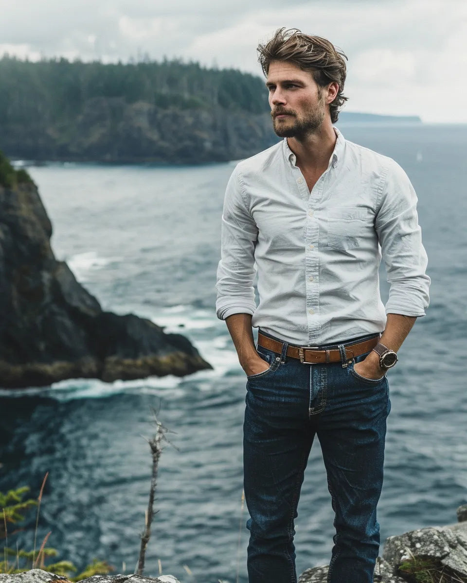 Man in classic dark blue high-waisted jeans, fitted white shirt tucked in, brown leather belt, confident stance. Summer season. English male. Wild Pacific Trail, Ucluelet, Canada city background.