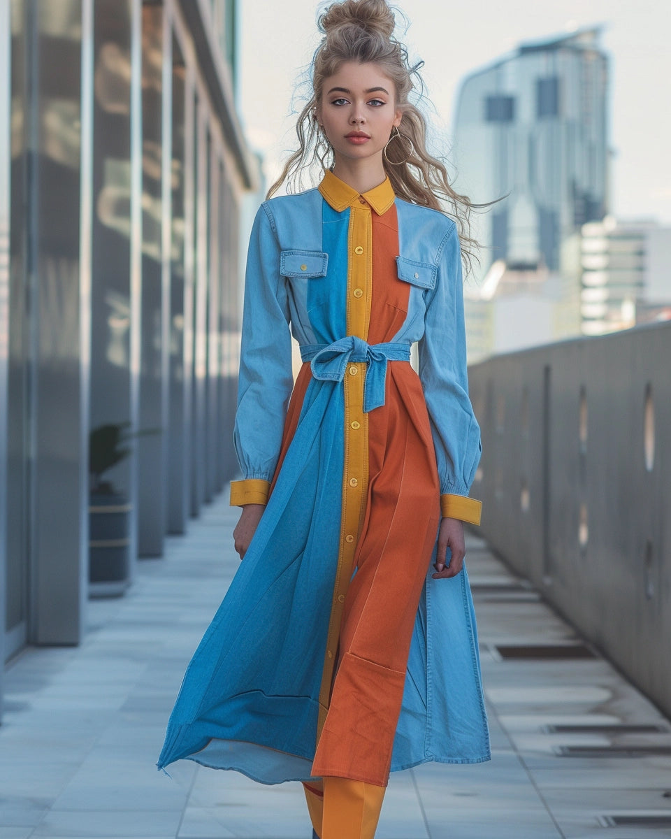 Color-blocked long denim dresses for women, showcasing shades from sky to indigo. Spring season. English female. Melbourne city background.