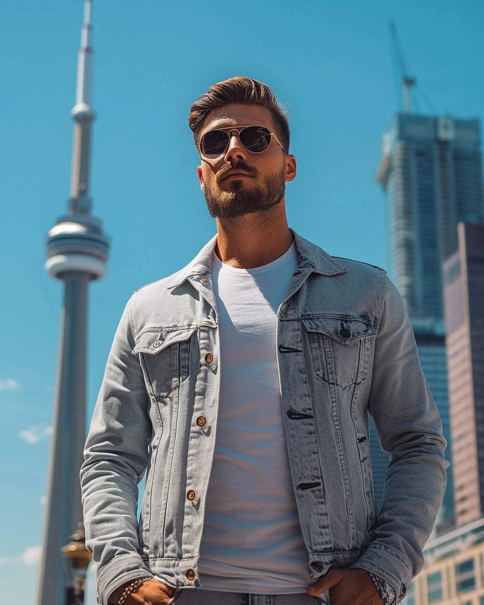 Sleek grey jean jacket for men, enhancing rectangle shape with belts, accentuating waist. Summer season. Australian male. CN Tower, Toronto, Canada city background.