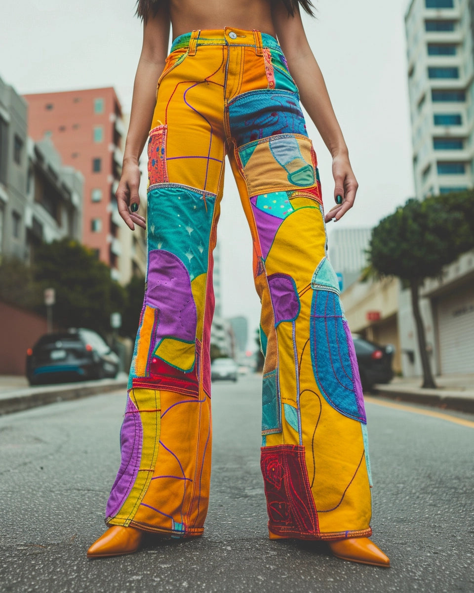 Show vibrant women's patchwork jeans, highlighting creativity and sustainability in fabric design. Spring season. French female. Jacksonville city background.