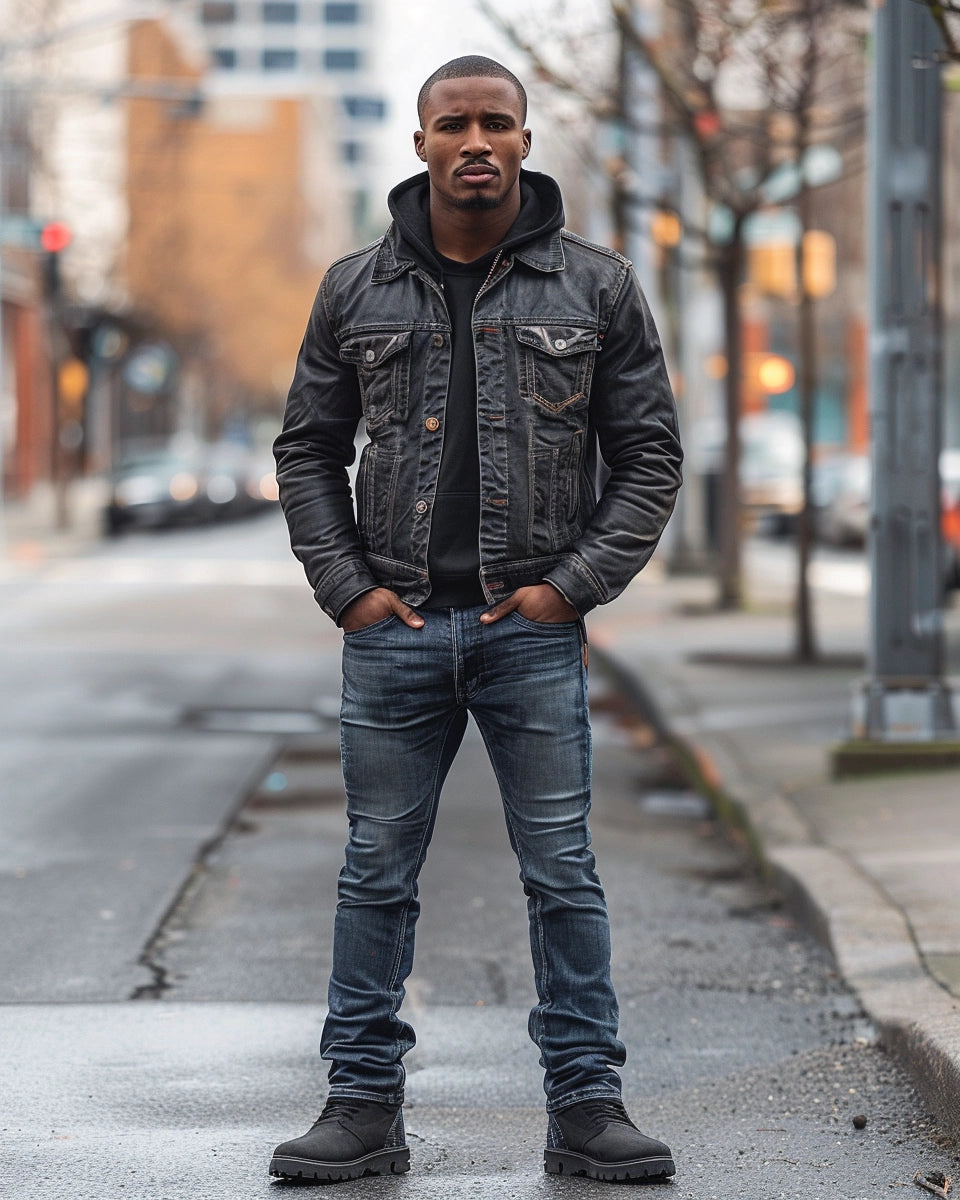Perfect men's biker jeans: slim, relaxed, tapered fits for various body types. Spring season. African American male. Seattle city background.
