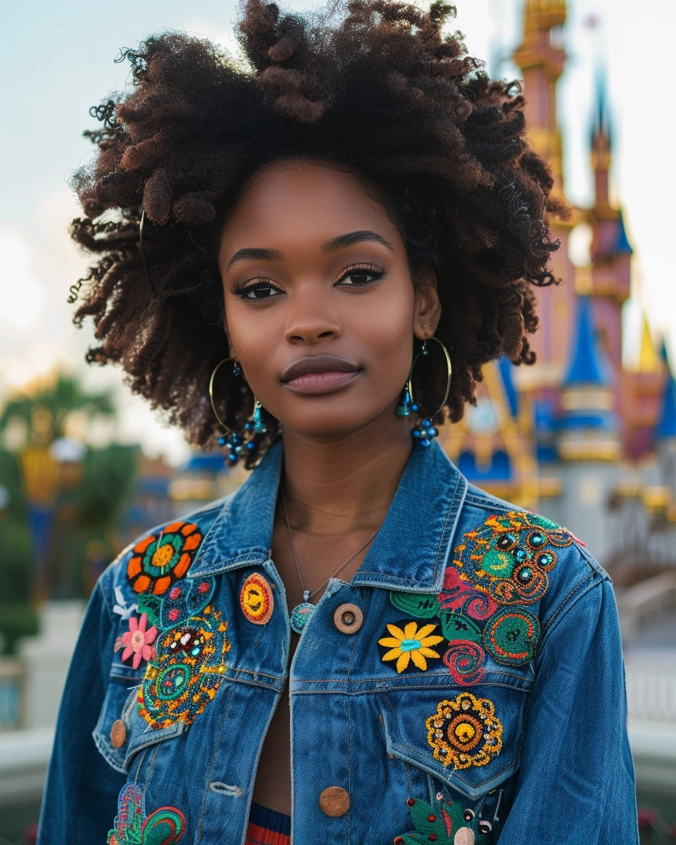 Diverse woman in colorful embroidered jean jacket, symbolizing global unity. Spring season. English female. Walt Disney World Resort, Orlando, FL city background.