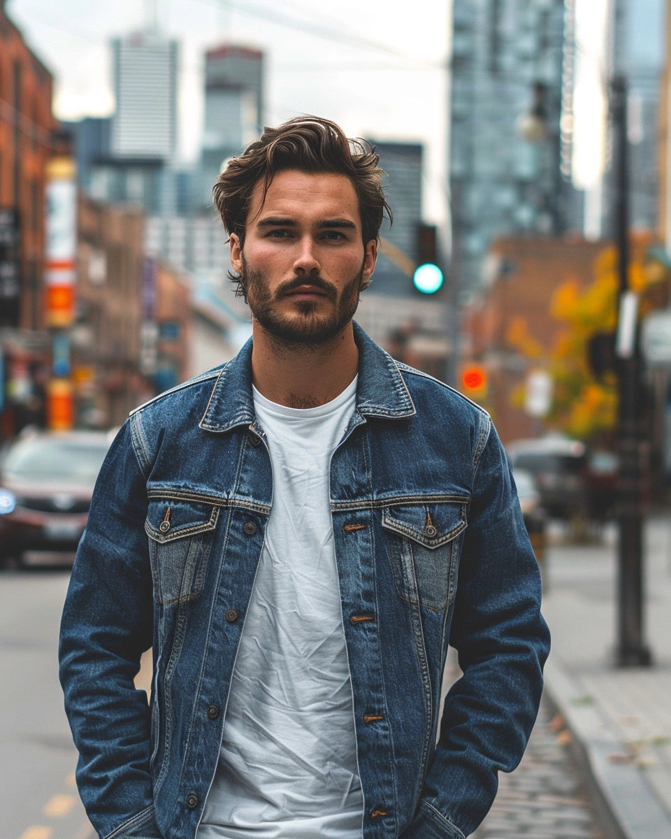 Men's bomber denim jacket highlighted in a vibrant, casually refined scene with rugged charm. Spring season. French male. Toronto city background.