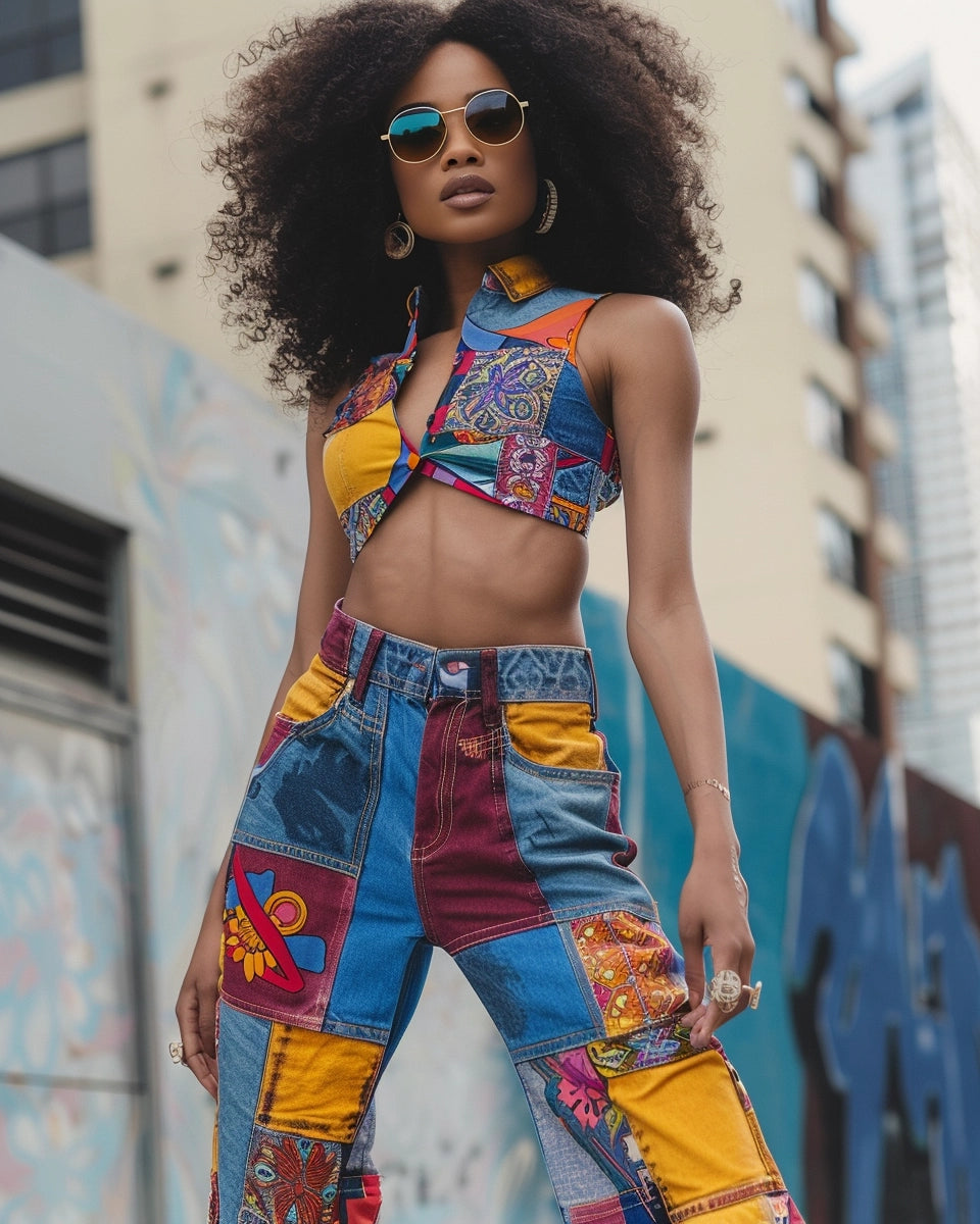 Fashion model in vibrant patchwork jeans, showcasing a mix of denim shades and patterns. Spring season. European female. Atlanta city background.