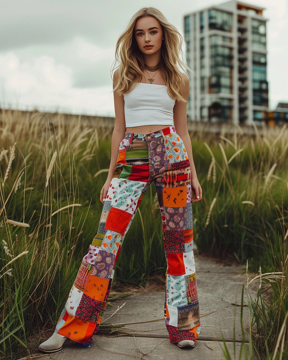 Model in colorful patchwork jeans, confident pose, highlighting denim's artistry. Spring season. White female. Christchurch city background.