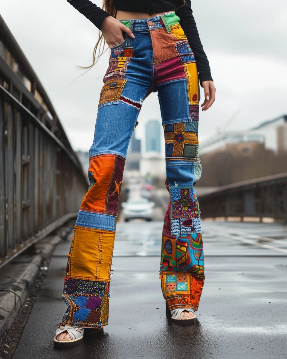 Patchwork jeans for women showcase creativity, nostalgia, and versatility in fashion. Spring season. Australian female. Dallas city background.