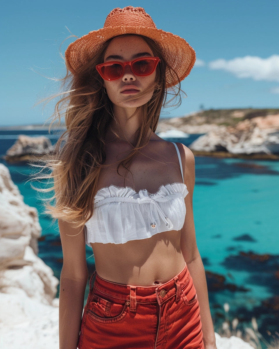 Modern street style photo featuring women's vibrant red jeans, highlighted in Urban Vogue's collection. Summer season. White female. Rottnest Island, Western Australia city background.