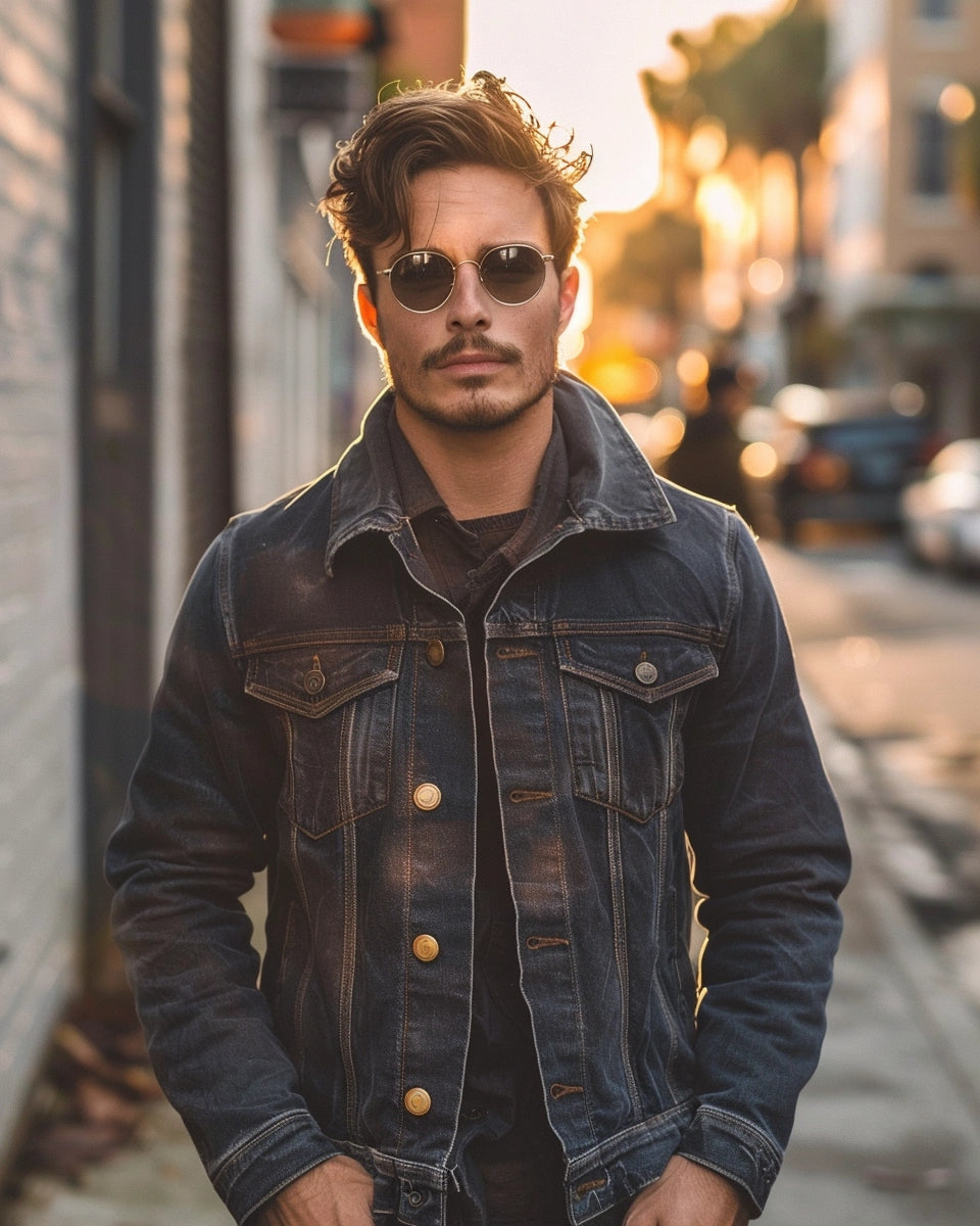 Man in a classic bomber denim jacket, inspired by early 20th-century pilot gear. Spring season. French male. Jacksonville city background.