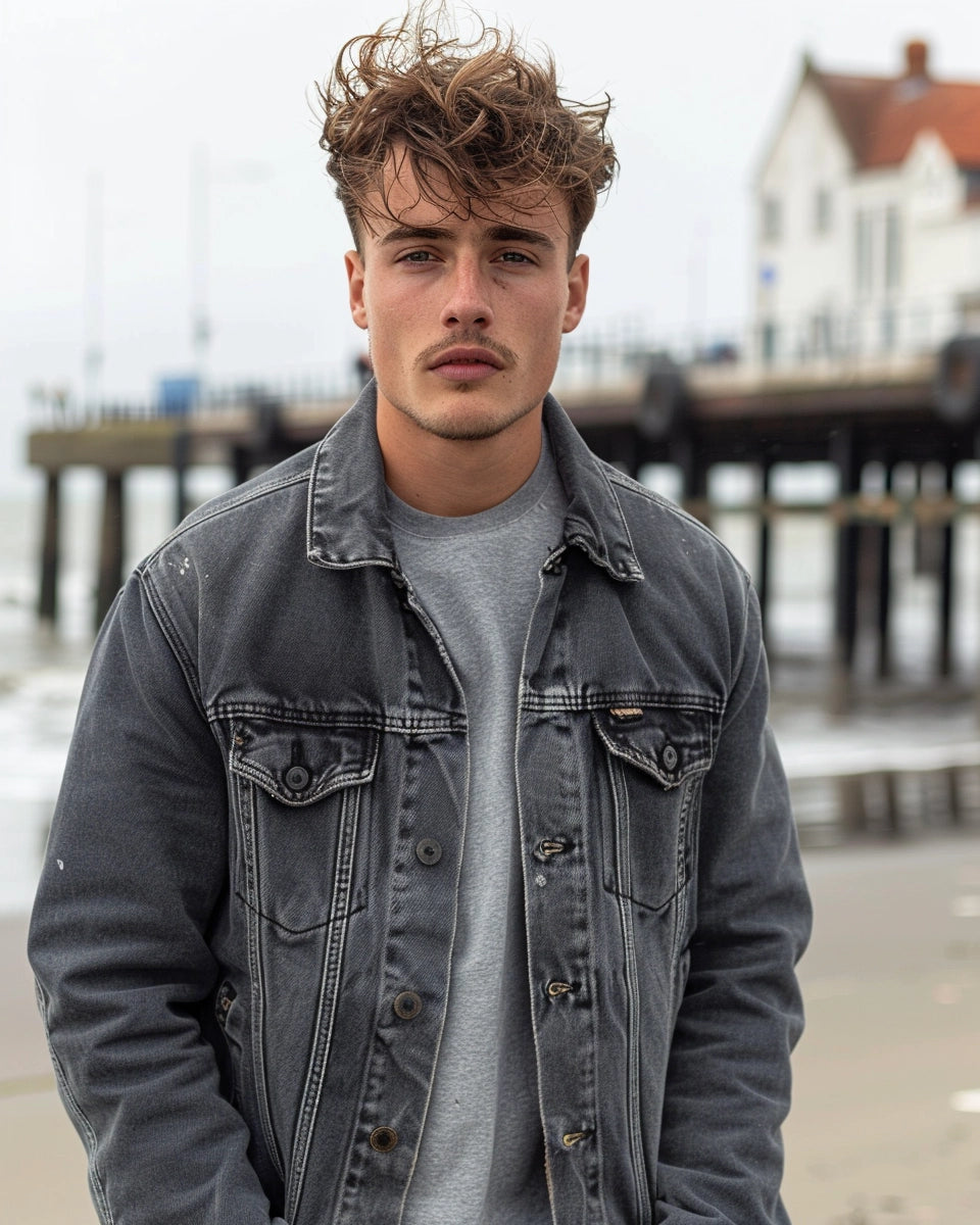 Man in textured grey jean jacket, Bauhaus and Dadaism backdrop, showcasing masculinity and history. Summer season. European male. Herne Bay Pier, Herne Bay, UK city background.