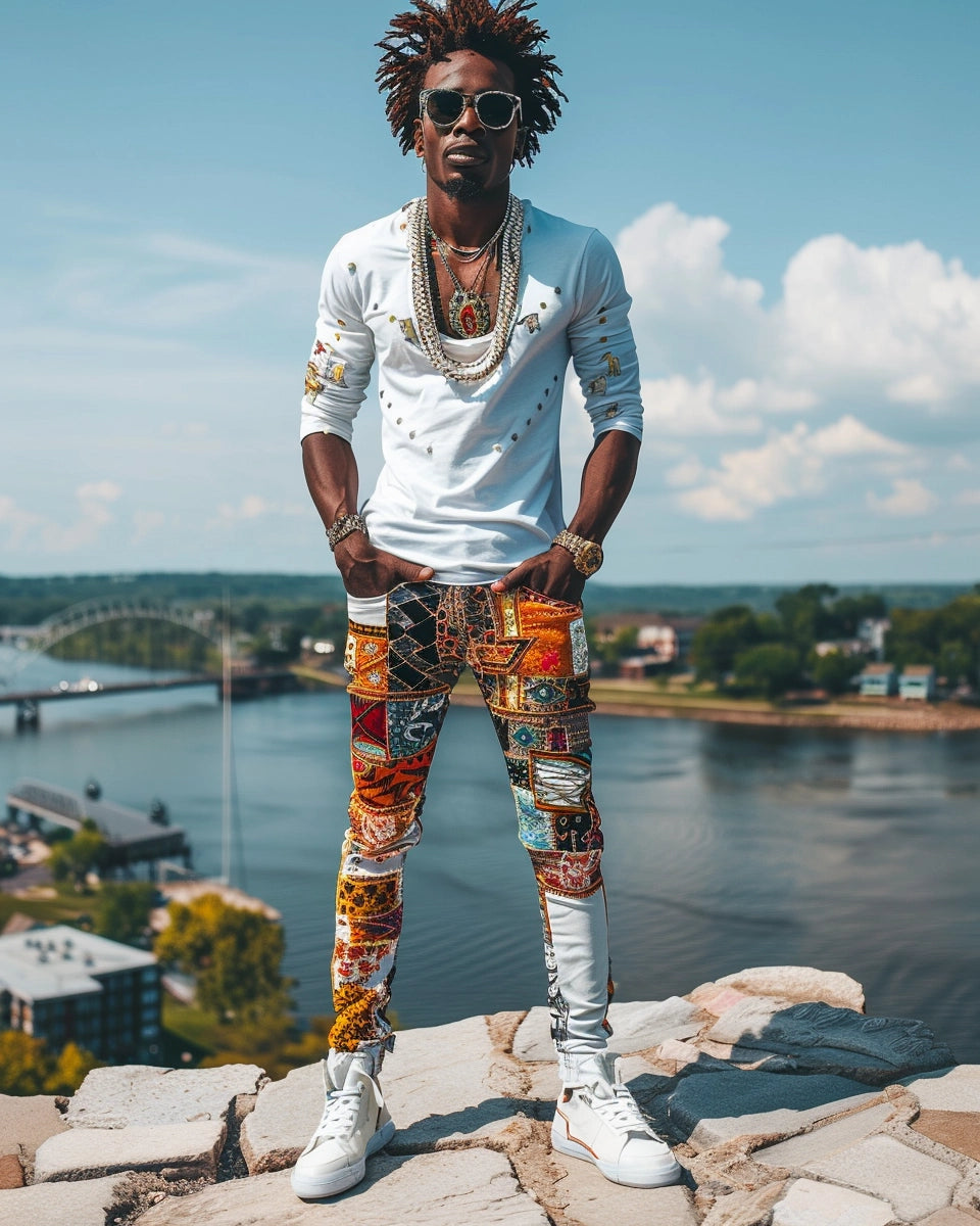 Modern masculinity in embroidered jeans for men: unique style statement. Summer season. African American male. Wisconsin Dells, Wisconsin Dells, WI city background.