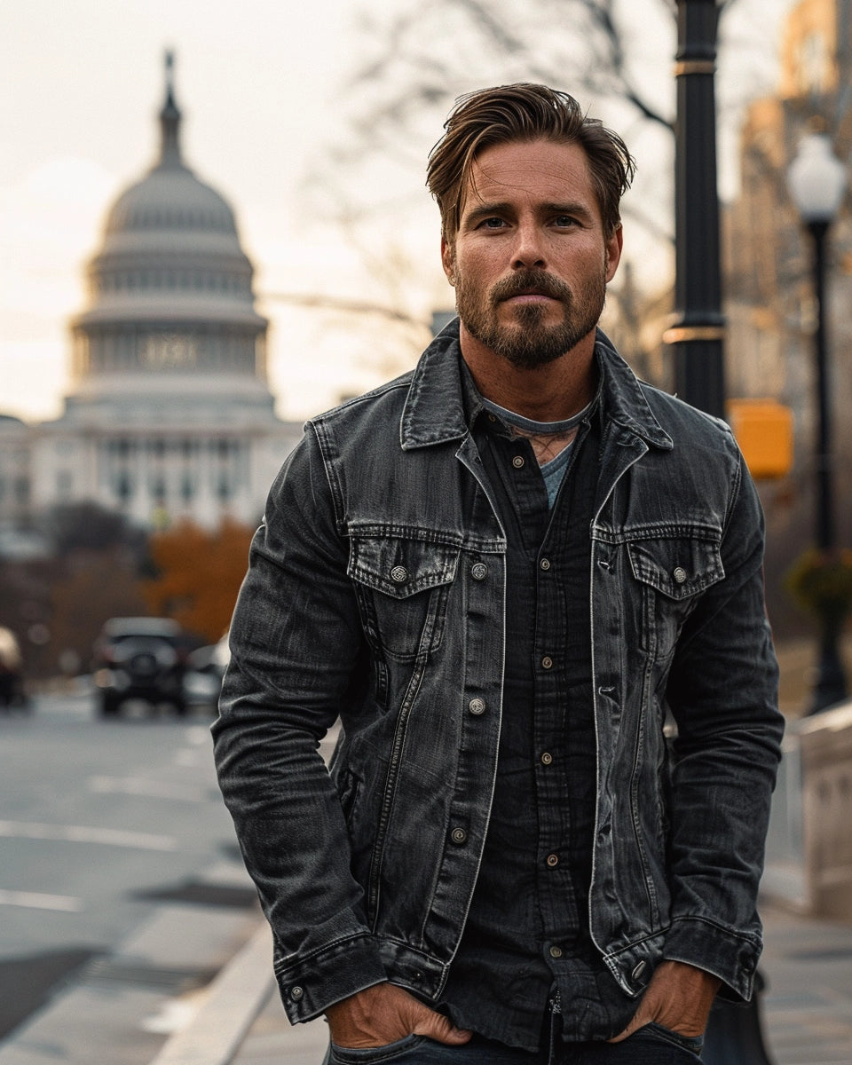 Men in classic grey jean jackets, showcasing their evolution from workwear to fashion staple. Summer season. Australian male. The White House, Washington, DC city background.