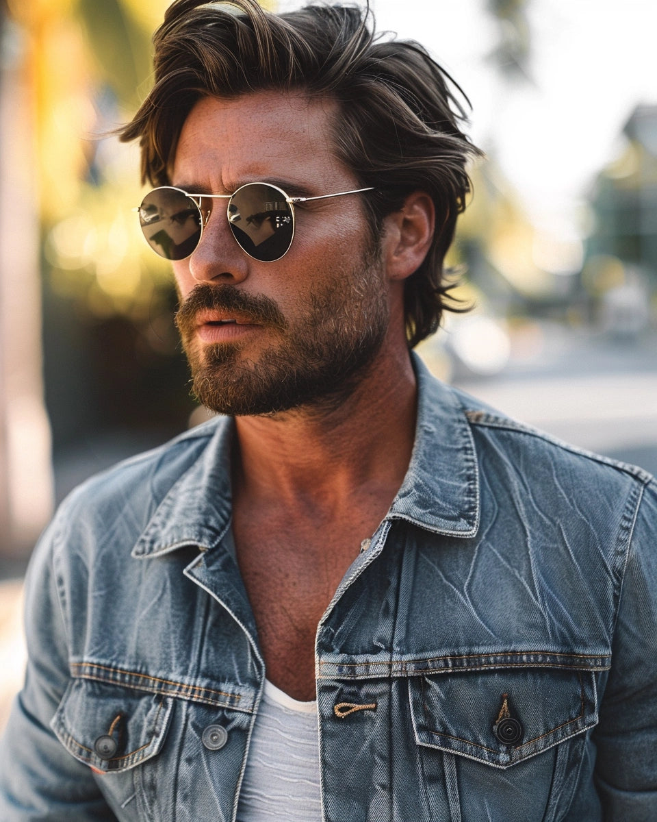 Men's grey jean jacket: modern sophistication, artistic rebellion, Bauhaus simplicity in a minimalist setting. Summer season. European male. Great Barrier Reef, Cairns city background.