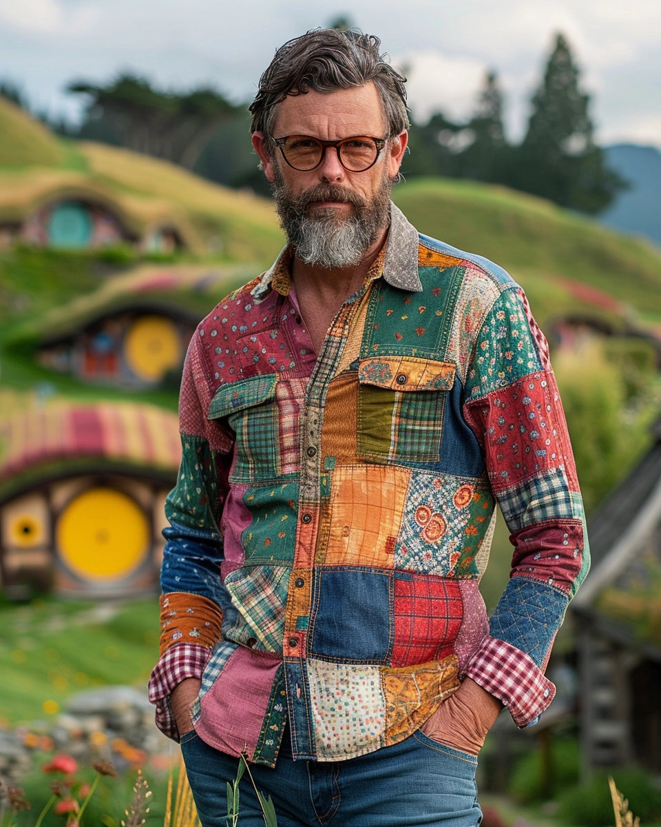 Showcase unique men's patchwork jeans for unrivaled style from our collection. Summer season. European male. Hobbiton Movie Set, Matamata city background.
