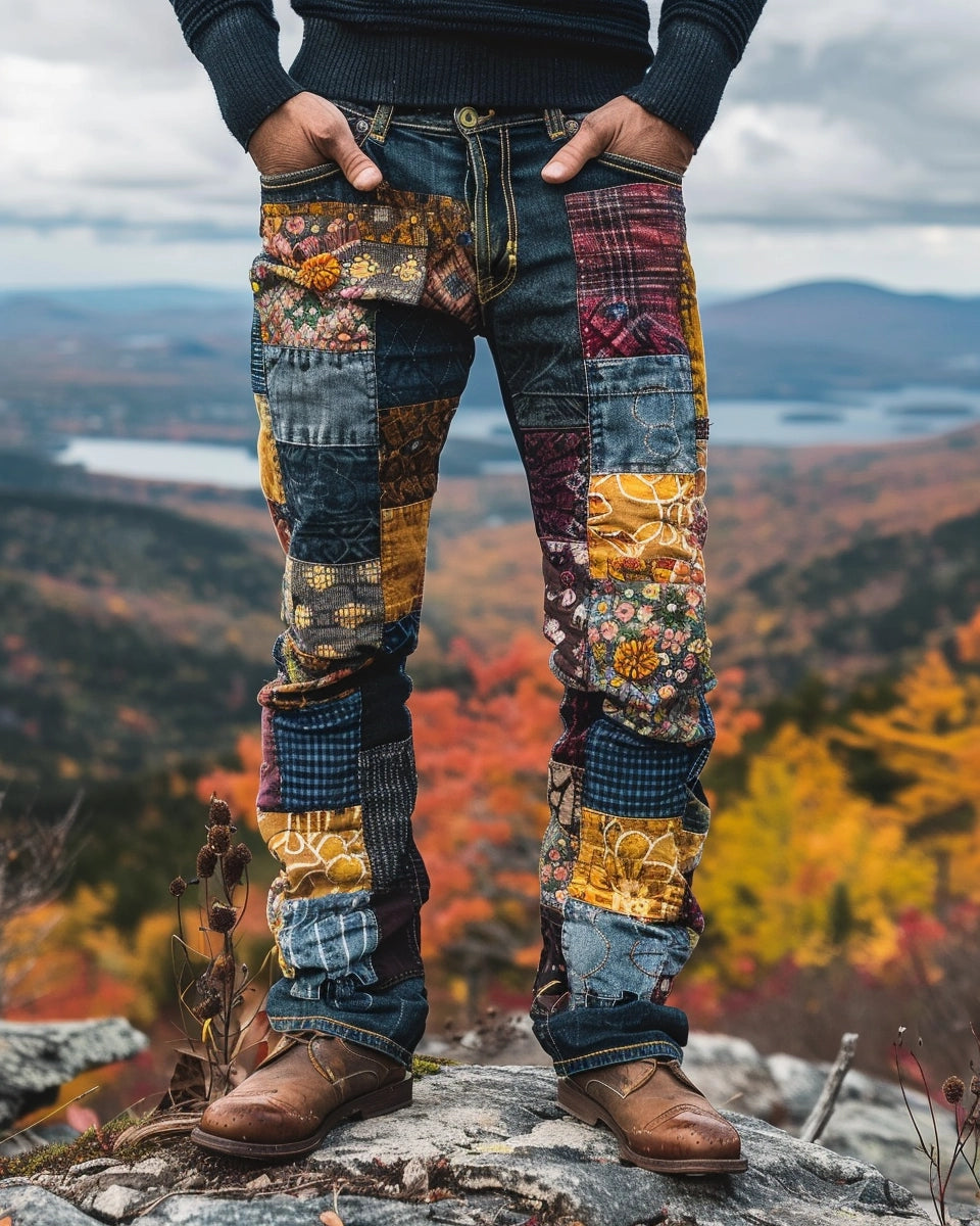 Autumn-themed image highlighting unique men's patchwork jeans, emphasizing texture and visual appeal. Summer season. Australian male. Mount Washington, Sargent's Purchase, NH city background.