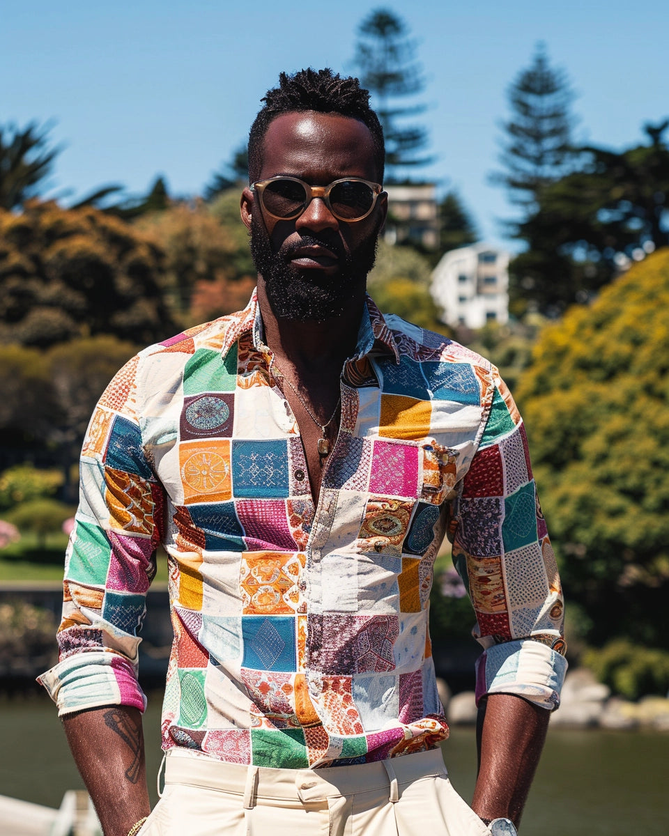 Perfect Pair Guide: Tailor-Fit Men's Patchwork Jeans. Summer season. African American male. Christchurch Botanic Gardens, Christchurch, New Zealand city background.
