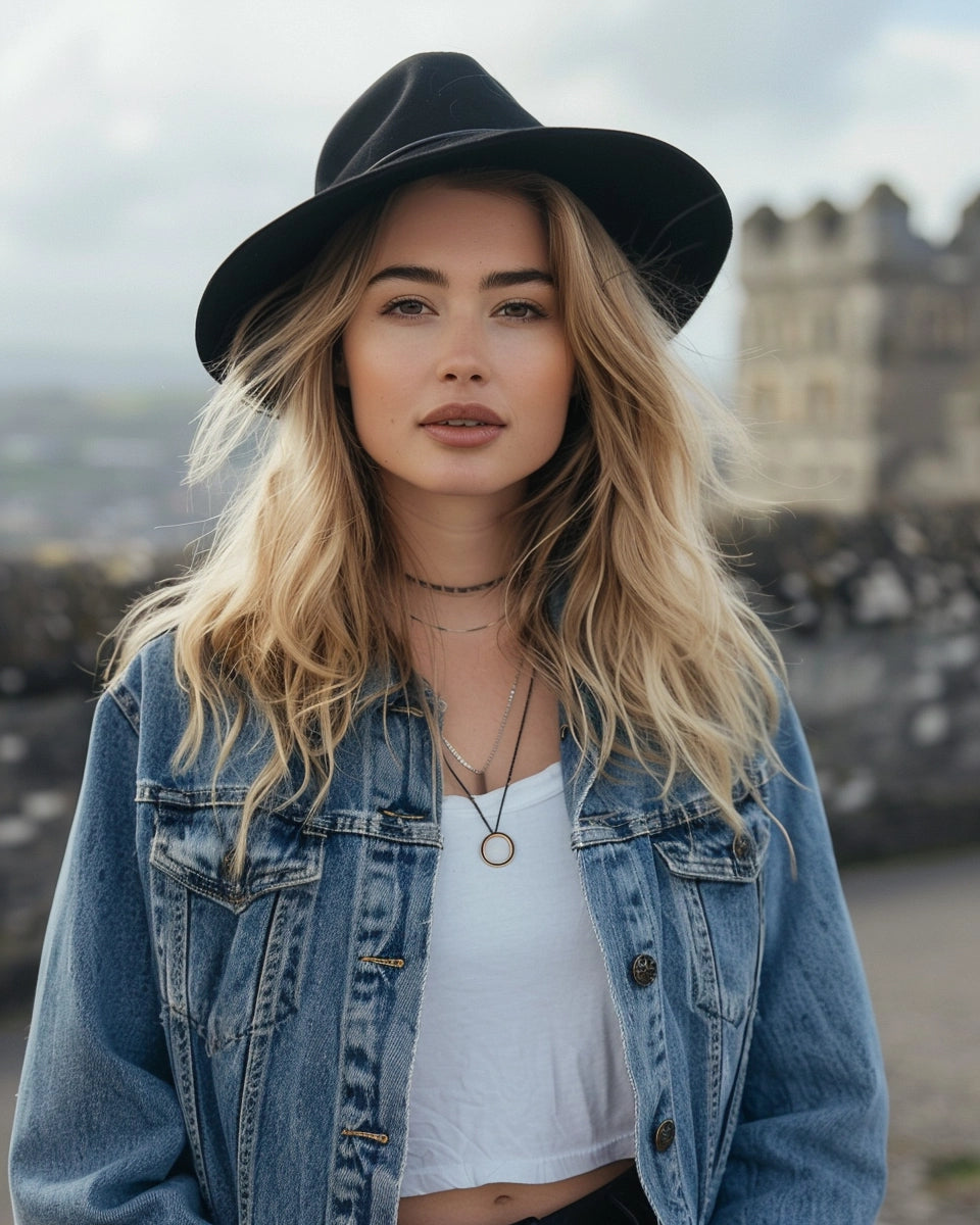 Stylish women’s long denim jacket, paired with white tee and leather trousers. Summer season. White female. Cardiff Castle, Cardiff city background.