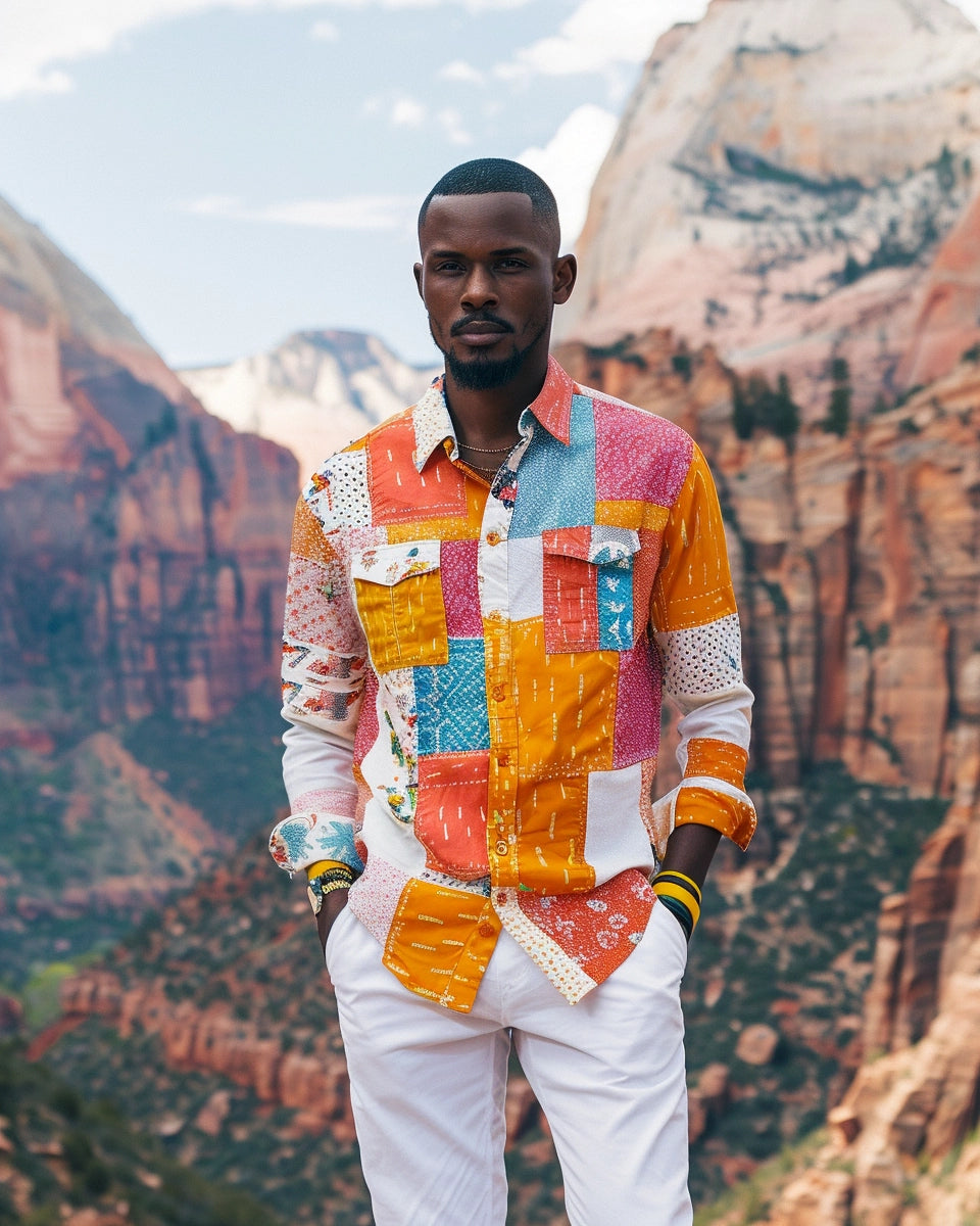 Fashion trend: Men's patchwork jeans, popular with celebrities, showcased with style. Summer season. African American male. Zion National Park, Springdale, UT city background.