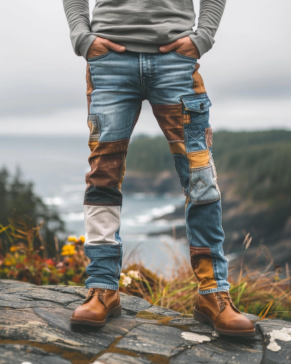 Autumn-inspired men's patchwork jeans showcasing a blend of diverse denim fabrics. Summer season. White male. Pacific Rim National Park Reserve, Tofino, Canada city background.